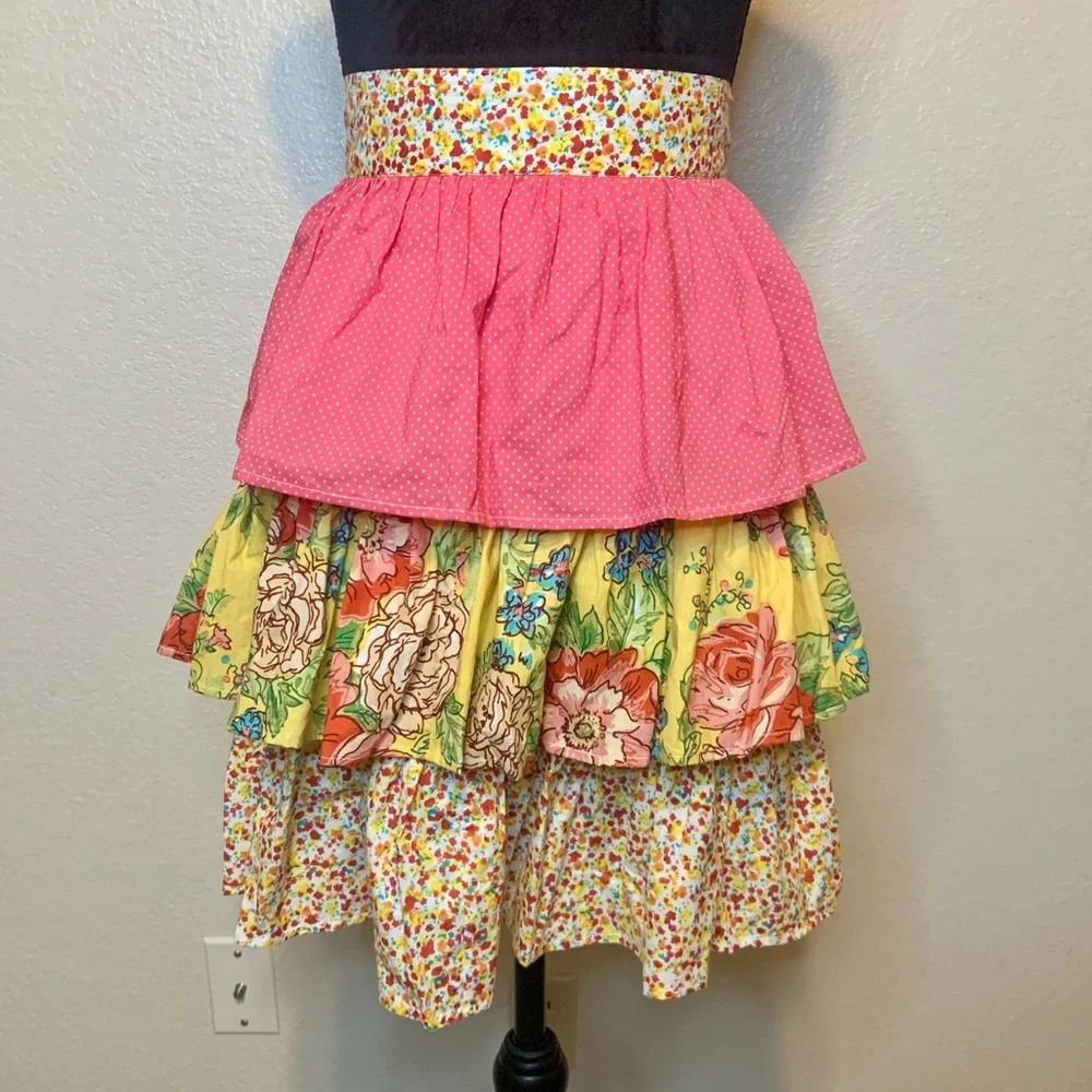 Pier 1 Imports Tiered Ruffle Apron Cottagecore Floral Yellow & Pink